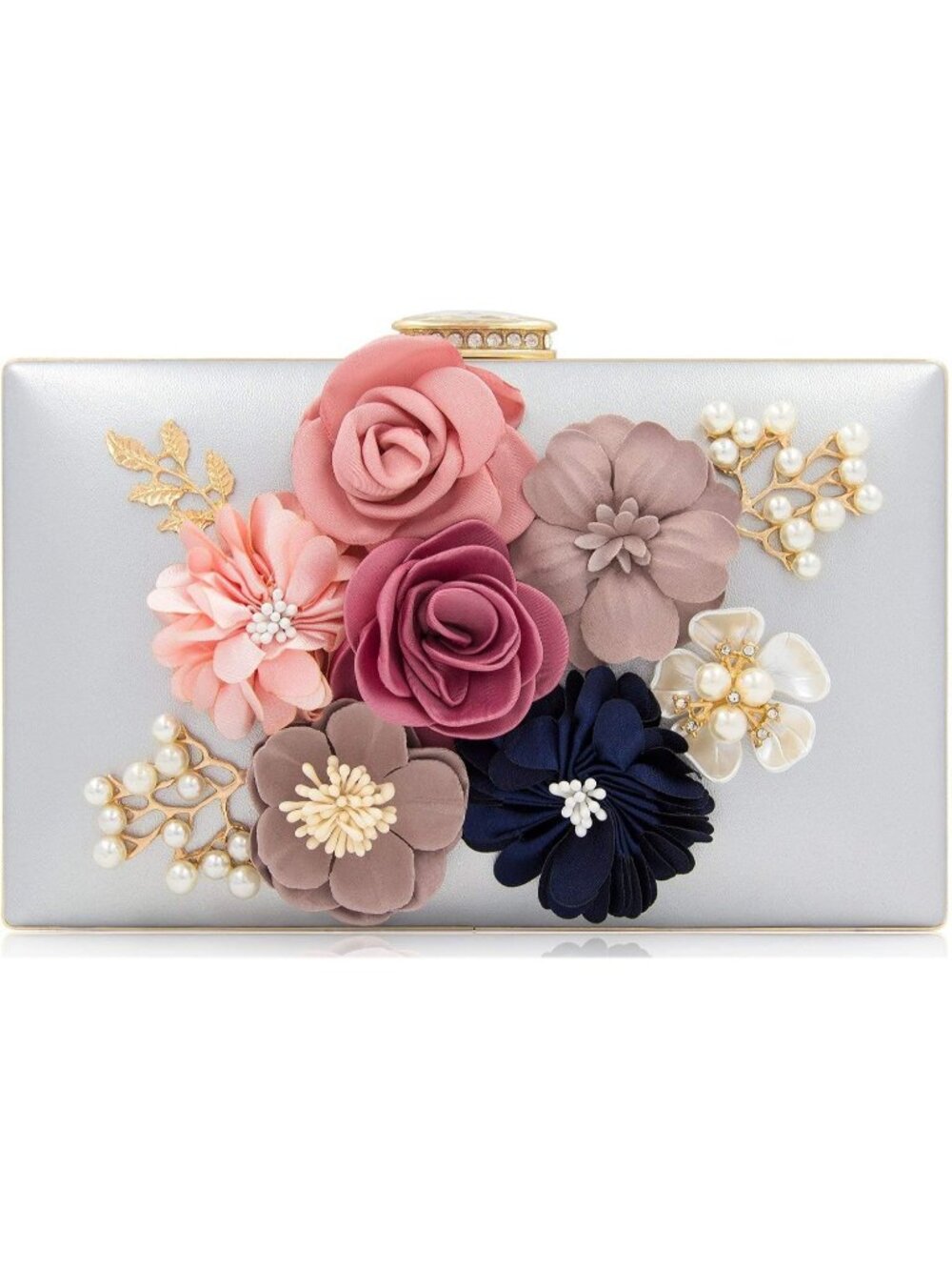 Women's Silver Floral Clutch Purse Wedding Rhinestone Prom Party Evening Bag